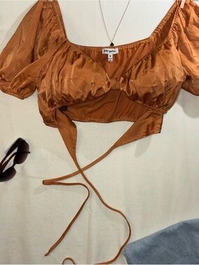 Pretty Garbage Rust Tie-Front Satin Puff Sleeve Crop Top